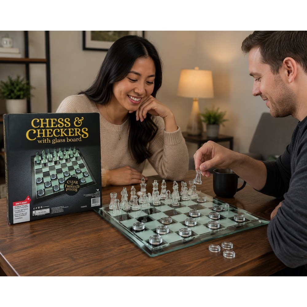 New Cardinal Glass Chess and Checkers Set 9.75 Inch Board Clear Frosted Pieces